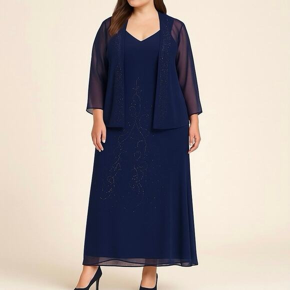 NEW R&M Richards 20W Beaded Chiffon Jacket & Dress Blue Wedding Party Holiday - Picture 1 of 16